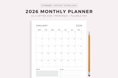 2026 Monthly Planner, Printable &amp; Fillable, A4/Letter Size Product Image 1