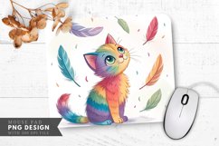 Colorful Whimsy Rainbow Cat and Feathers Mouse Pad PNG Product Image 1