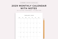 2029 Monthly Calendar with Notes, Printable, A4/Letter Size Product Image 1