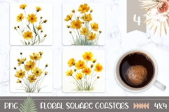 Yellow Flowers Square Coasters, Floral Square Coaster PNG Product Image 1
