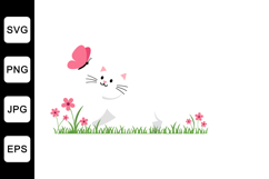 Playful white cat chasing pink butterfly in flat vector art Product Image 1