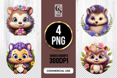 Cute Floral Hedgehog Cartoon Clipart Sublimation PNG Product Image 1