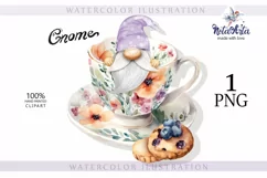 Watercolor gnome in a mug of tea with cookies, Gnome PNG Product Image 1
