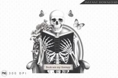 Skeleton Reading Book Illustration With Butterflies PNG Product Image 1