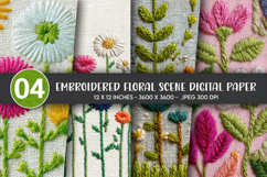 Embroidered Floral Scene Digital Paper Product Image 1