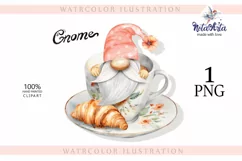 Watercolor gnome in a mug of tea with cookies, Gnome PNG Product Image 1