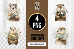 Cute Watercolor Marmot With Flowers Clipart Sublimation PNG Product Image 1