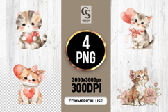 Cute Watercolor Kittens With Hearts Clipart Sublimation PNG Product Image 1
