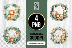 Cute Watercolor Jungle Animal Wreath Clipart Sublimation PNG Product Image 1