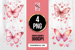 Pink Butterfly Heart Watercolor Clipart Sublimation PNG Product Image 1
