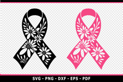 Cancer ribbon with daisy flower SVG, Breast Cancer PNG Product Image 1