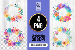Colorful Watercolor Floral Wreath Clipart Sublimation PNG Product Image 1