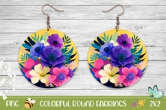 Purple Flowers Round Earrings, Floral Round Earrings Design Product Image 1