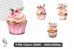 Pink Floral Cupcake Watercolor Dessert Sweet Clipart Product Image 1