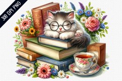 Books And Sleeping Cat Sublimation - Clipart PNG Design Product Image 1