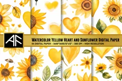 Watercolor Yellow Heart and Sunflower Digital Paper Product Image 1