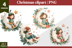 Cute Christmas clipart, Christmas Elf Moon Clipart Product Image 1