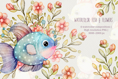 Watercolor Fish and Flowers Clipart Cute Underwater Floral Product Image 1
