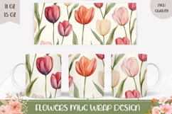 Flowers Mug Wrap, Watercolor Tulips Mug Template Product Image 1