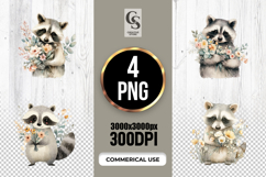 Watercolor Raccoon Holding Flowers Clipart Sublimation PNG Product Image 1
