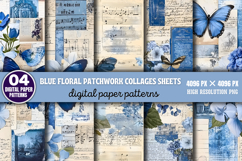 Blue Floral Patchwork Collages Sheets Digital Paper Patterns Product Image 2