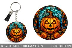 Stained Glass Pumpkin Keychain. Halloween Round Keychain Product Image 1