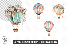 Watercolor Floral Hot Air Balloon Set clipart sublimation Product Image 1
