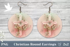 Christian Cross Round Earrings, Floral Cross Sublimation Product Image 1