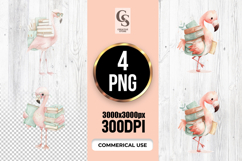 Cute Flamingo Carrying Books Watercolor Clipart PNG Product Image 1