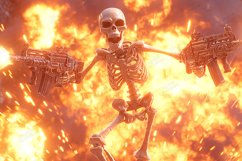 Fiery Skeleton Warrior With Guns Explosive Action Art Product Image 1