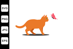 Orange cat walking towards a pink butterfly in flat vector i Product Image 1