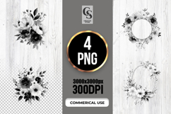 Black White Floral Oval Frame Clipart Sublimation PNG Product Image 1