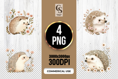 Cute Watercolor Hedgehog Floral Clipart Sublimation PNG Product Image 1