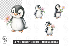 Cute Penguin Holding Flower Watercolor Clipart Sublimation Product Image 1