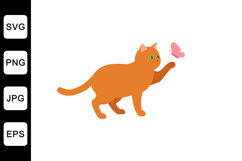 Orange cat interacting with a pink butterfly in a flat vecto Product Image 1