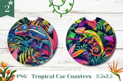 Chameleon Car Coaster PNG, Neon Tropical Leaves Sublimation Product Image 1