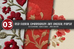 Red Floral Embroidery Art Digital Paper Product Image 1