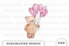 Watercolor Teddy Bear with balloons PNG Product Image 1