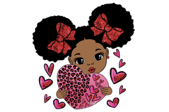 Valentine Girl PNG Red Glitter Bows Afro Puff Holding Heart Product Image 1