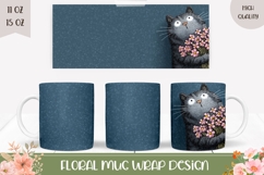 Cartoon Cat Mug Wrap, Flowers Mug, Grey Cat With Flowers Product Image 1