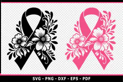 Flowers Breast Cancer Ribbon SVG, Cancer awareness SVG PNG Product Image 1