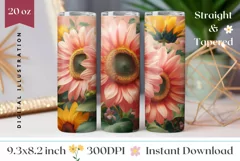 Sunflowers Tumbler Wrap Design, Pink Sunflowers Sublimation Product Image 1