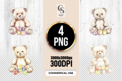 Watercolor Teddy Bear With Building Blocks Clipart PNG Product Image 1