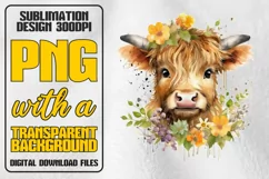 Highland Cow Sublimation PNG, Flower Watercolor, Summer PNG Product Image 1