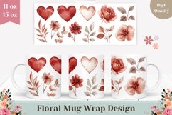 Watercolor Love Hearts Mug Design, Flowers Mug Template Product Image 1