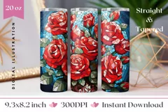 Red Roses Tumbler Design, Stained Glass Flowers Tumbler PNG Product Image 1
