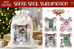 Watercolor Christmas Door Santa Sack, Winter Gift Bag Product Image 1