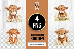 Highland Cow With Daisies Clipart Sublimation PNG Product Image 1