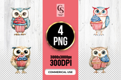 Cute Owl Cupcake Patriotic Watercolor Clipart PNG Product Image 1
