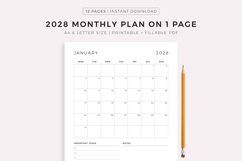 2028 Monthly Planner on One Page, Printable, A4/Letter Size Product Image 1